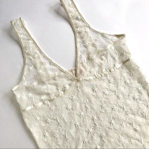 A&F Cream Sheer Floral Embroidered Top with V Neck